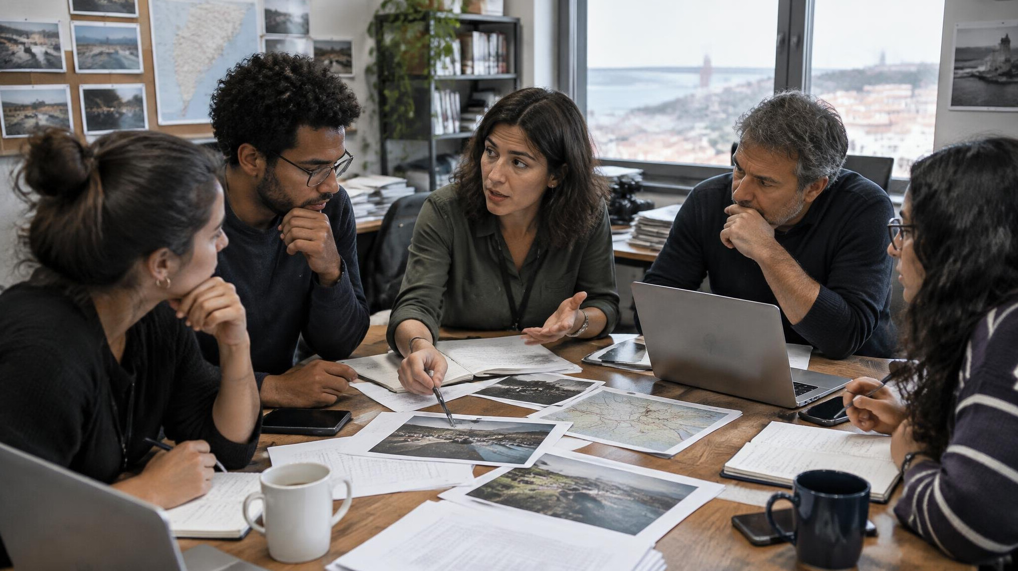Team of journalists discussing around a table with notes