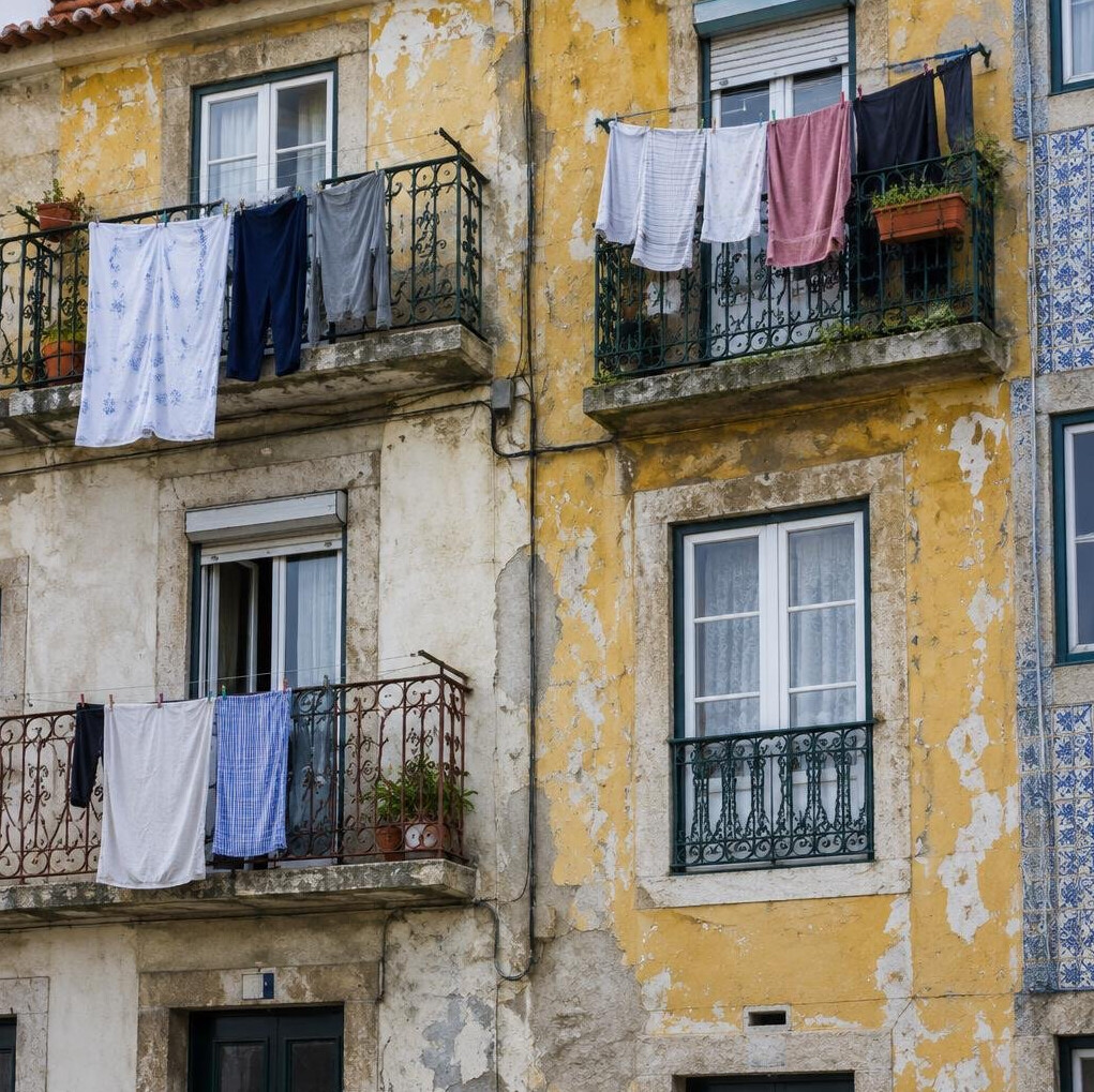 Old residential building facade with laundry hanging from windows