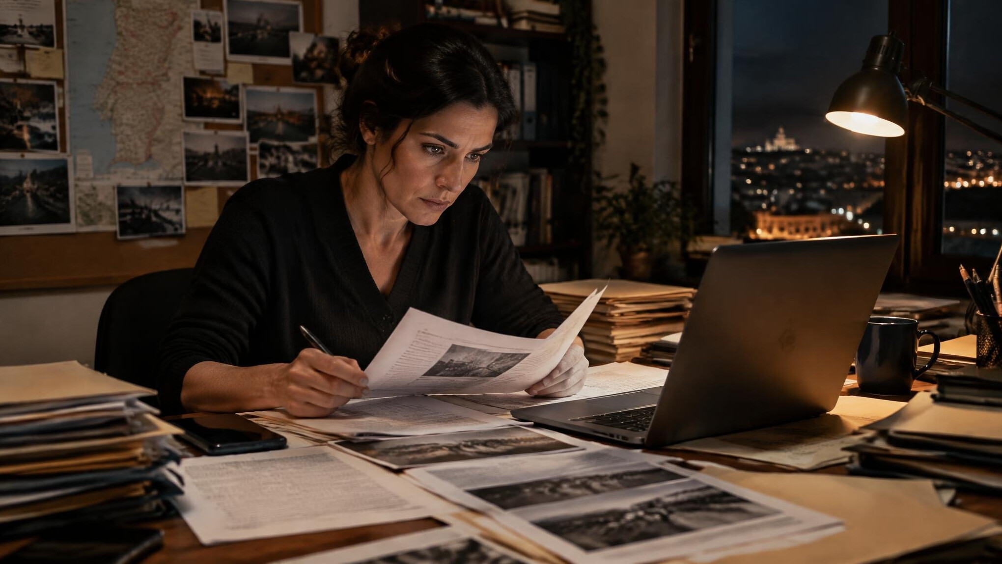 Journalist working at a desk covered in documents and a laptop