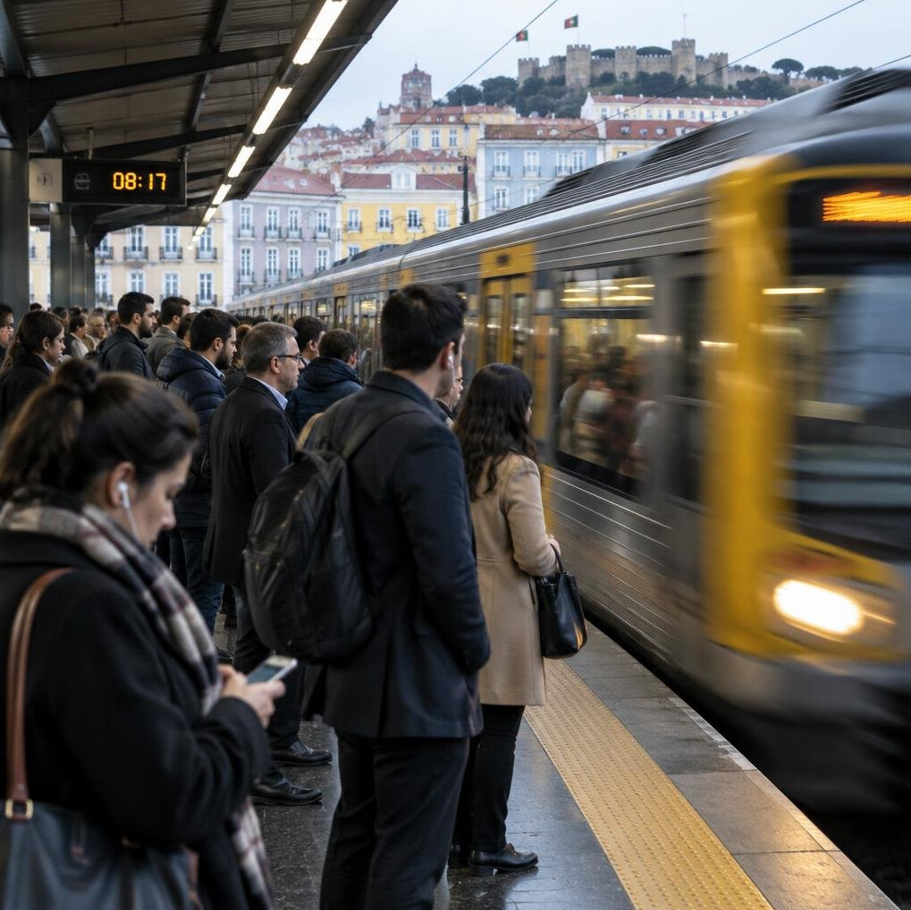 Crowded commuter train platform at rush hour