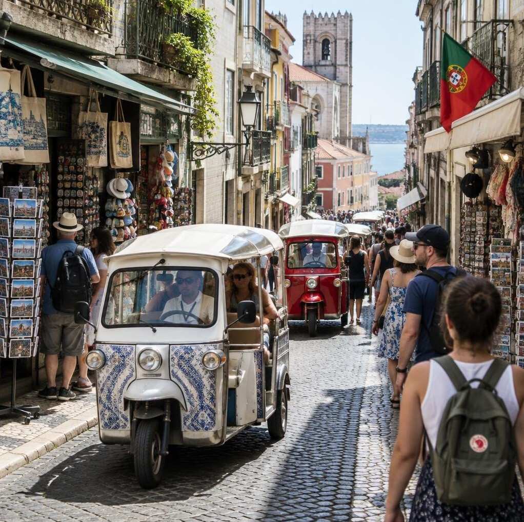 Crowded narrow tourist street with tuk-tuks in Lisbon