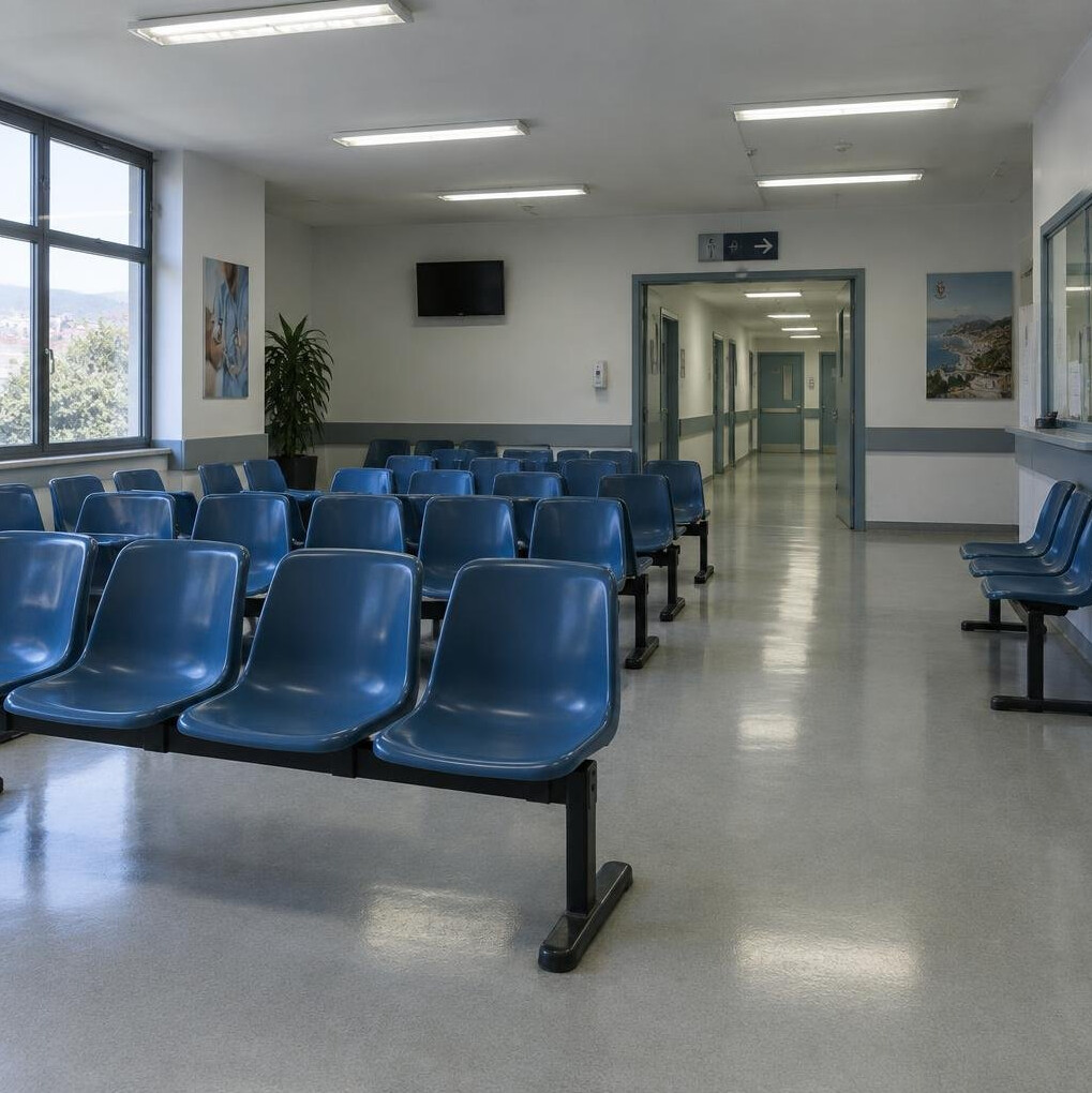 Empty hospital waiting room with rows of chairs